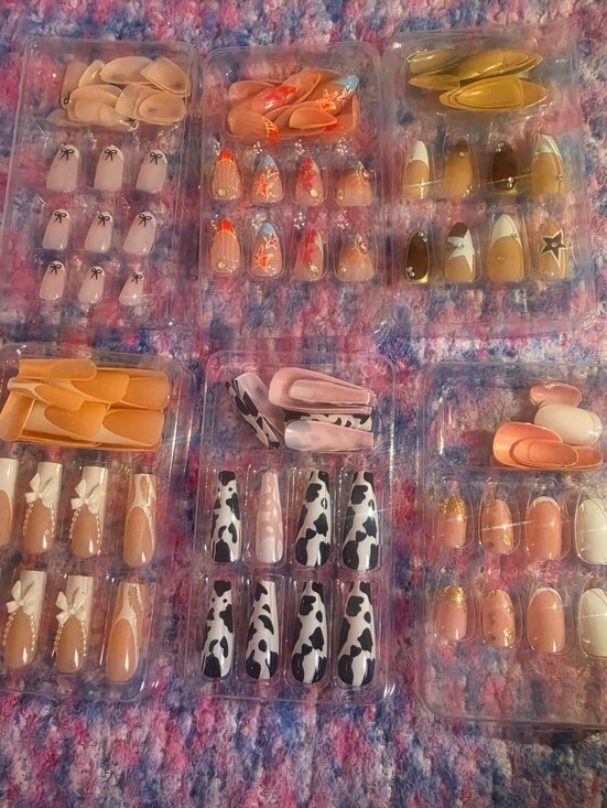 Other - Assorted Press-On Nail Set - Neutral, Pink, Black & Gold Designs